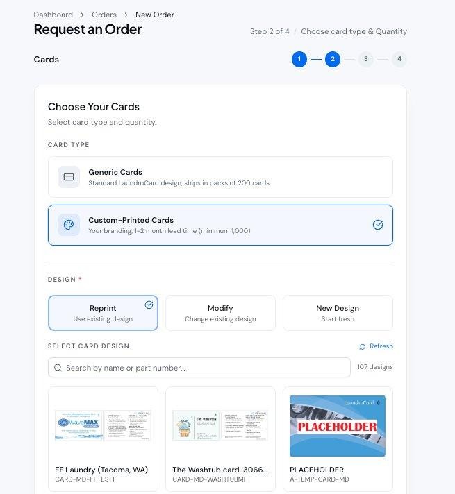 Step 2 with Custom-Printed Cards selected