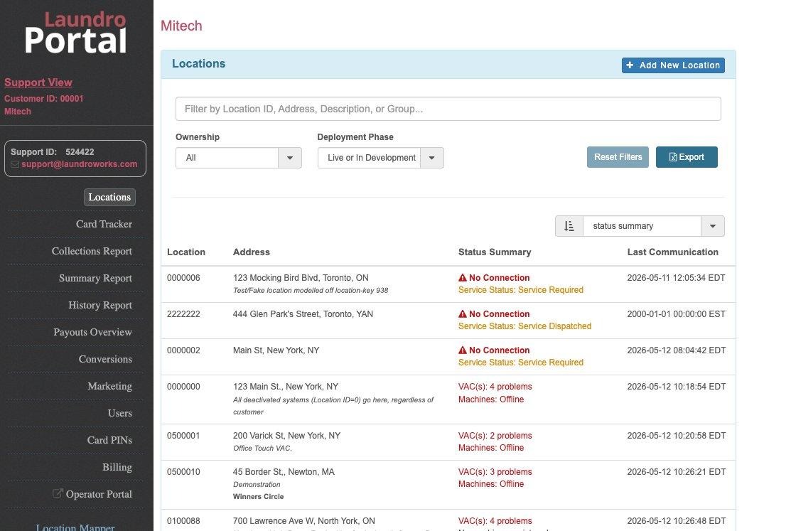 LaundroPortal sidebar with Operator Portal link near the bottom
